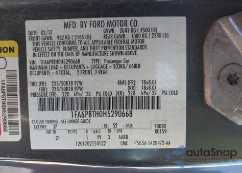 2017 Ford Mustang Ecoboost from USA, damaged, VIN 1FA6P8TH0H5290668